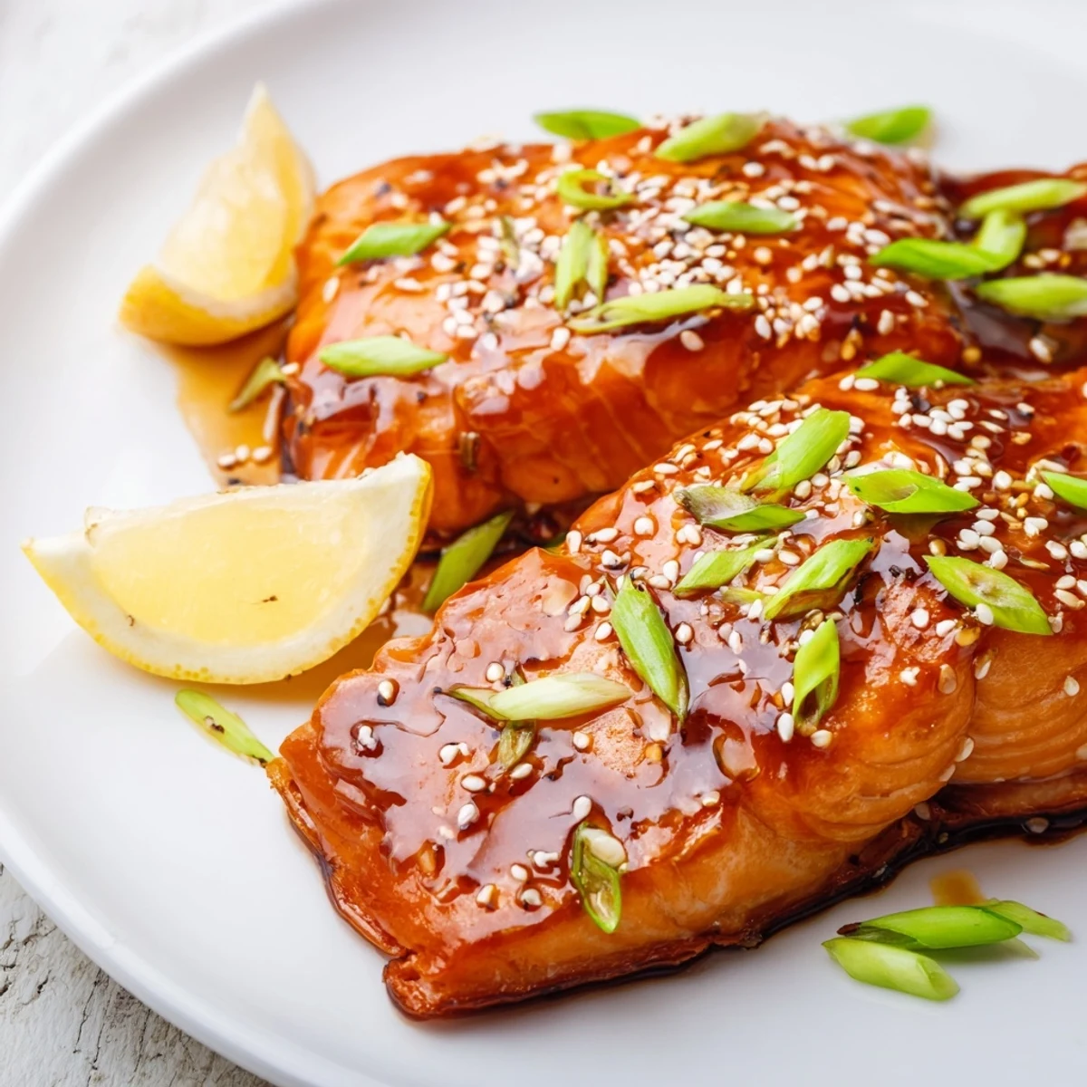 Flaky Baked Salmon with Teriyaki Glaze glistening under a drizzle of the savory, homemade sauce.
