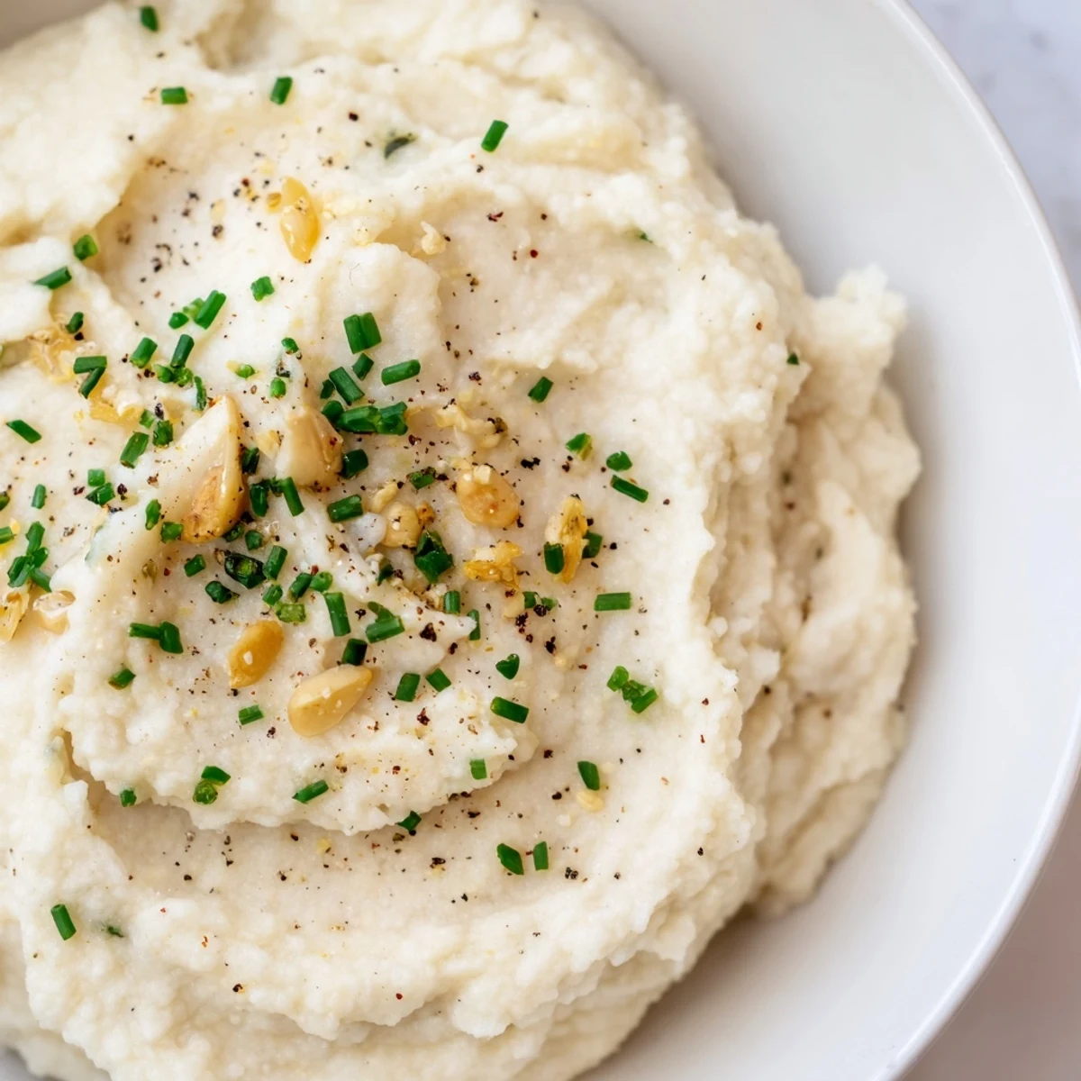 A comforting serving of Roasted Garlic Mashed Cauliflower, the healthy, low-carb mashed potato alternative.