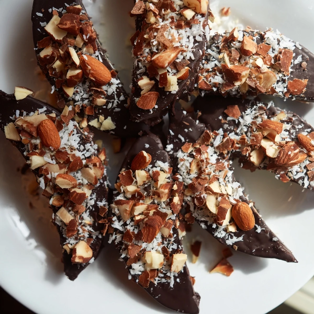 Close-up of freshly dipped chocolate-covered banana bites with a variety of colorful toppings, ready to enjoy.