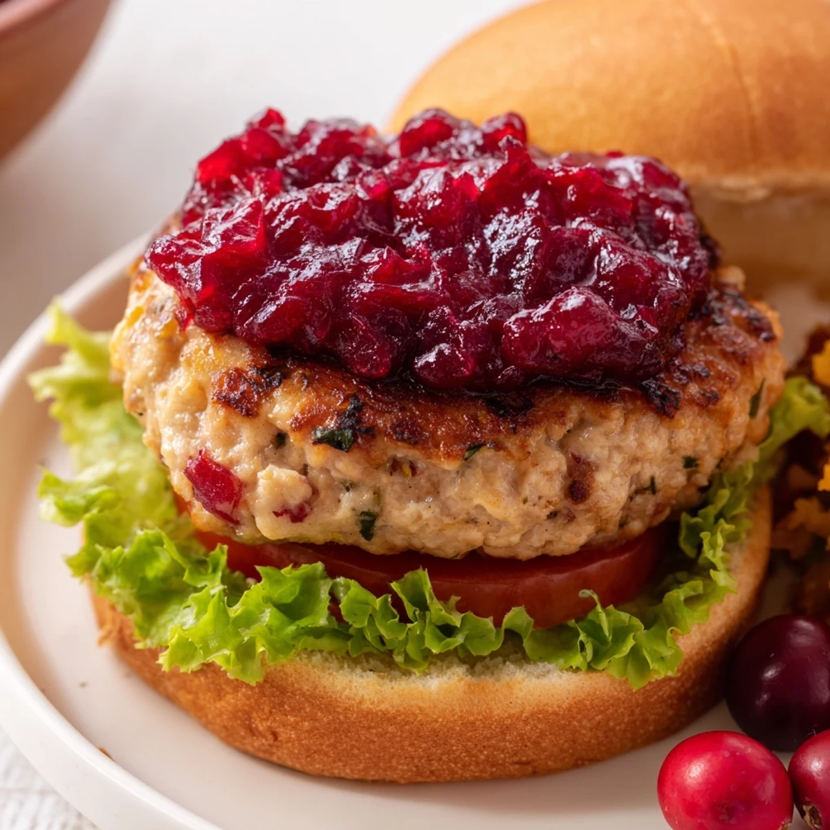 Golden-brown turkey burgers topped with vibrant cranberry sauce, ready to serve on toasted buns.