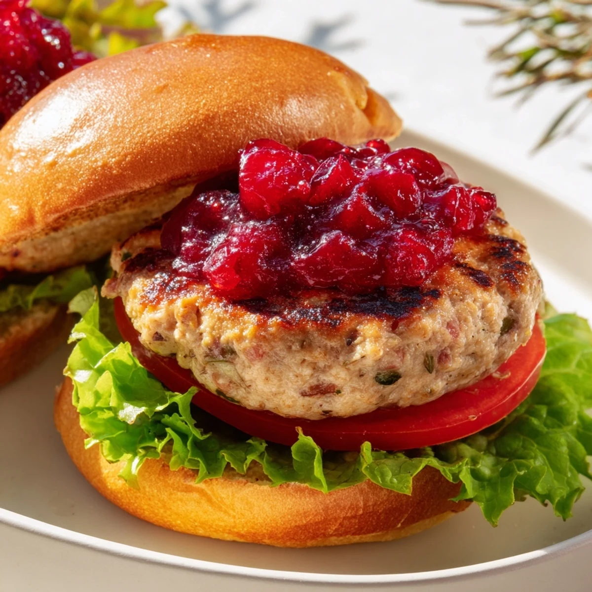 A delicious close-up of juicy turkey burgers with a generous dollop of homemade cranberry sauce, ready to eat.