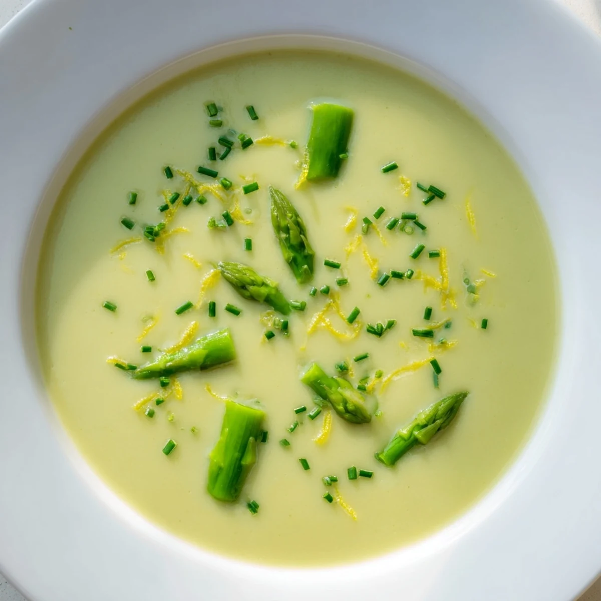 Steaming bowl of creamy asparagus soup garnished with fresh chives and lemon zest.
