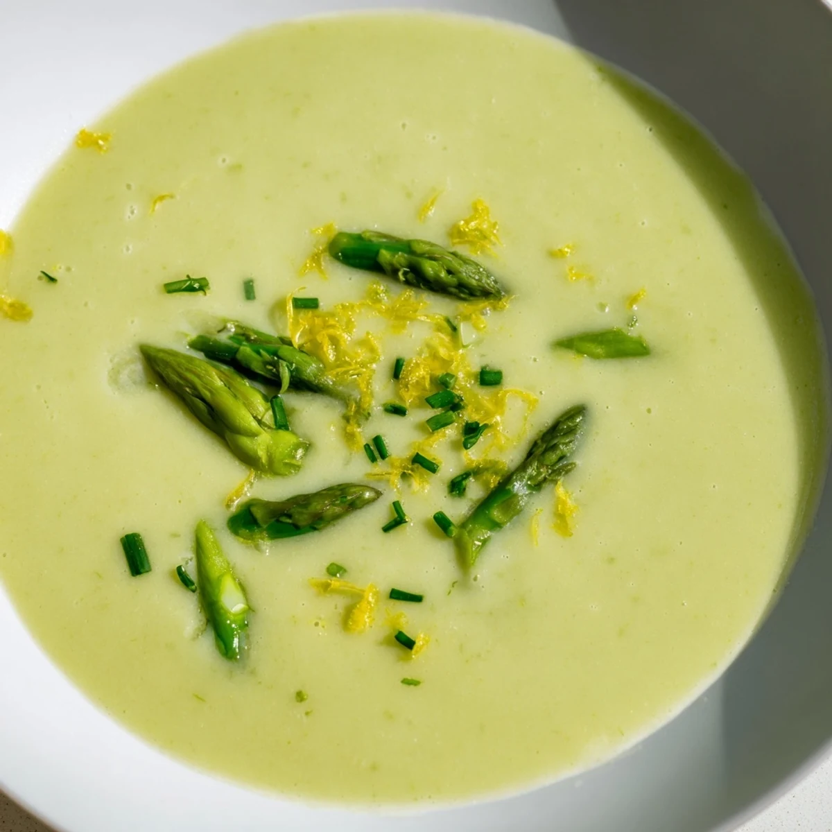 Enjoy a spoonful of velvety smooth creamy asparagus soup with a squeeze of fresh lemon.