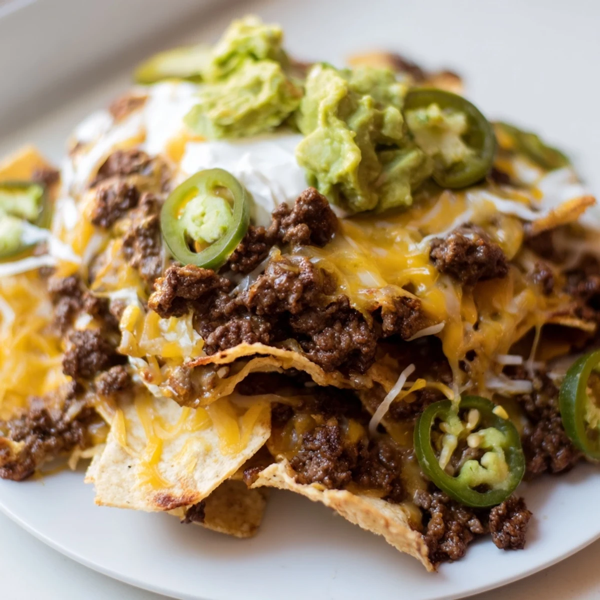Golden, bubbly Beef Nachos with jalapenos, melting cheese, and a perfect Tex-Mex flavor.