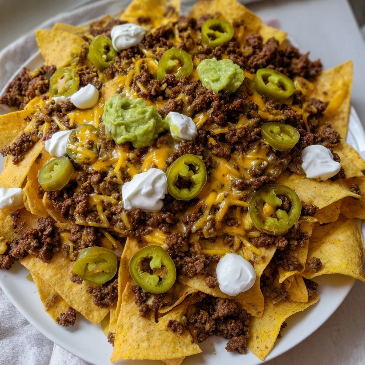 A heaping platter of Beef Nachos, crispy chips smothered in savory beef and spicy jalapenos.
