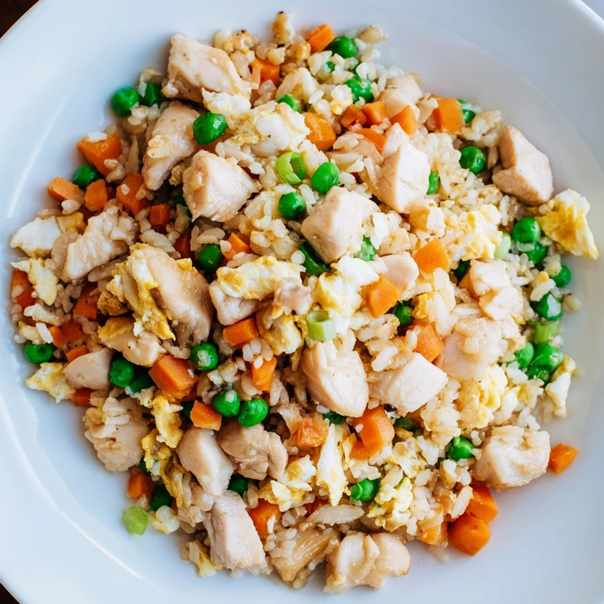 Golden chicken fried rice with peas and carrots, a visually appealing stir-fry dish.