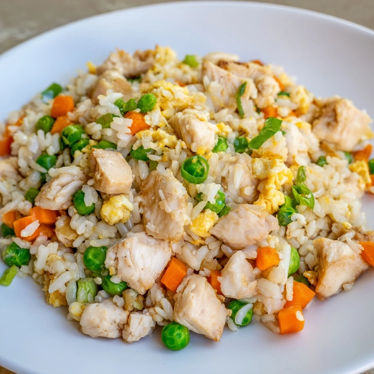 Savory chicken fried rice dish complete with fluffy rice, vegetables, and scrambled eggs.