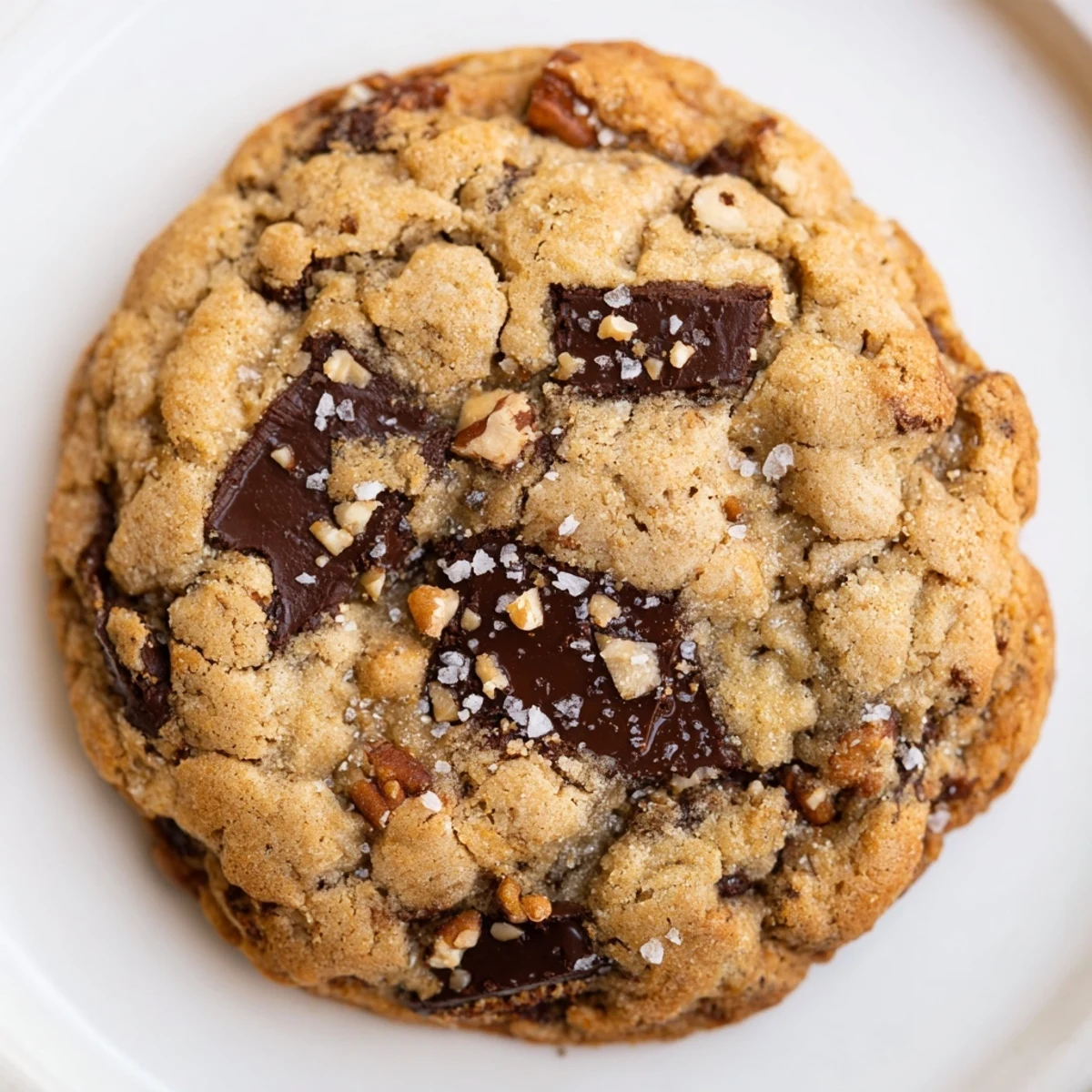 Golden-brown Chocolate Chip Cookies with Sea Salt Flakes rest on a baking sheet, drizzled with extra chocolate.