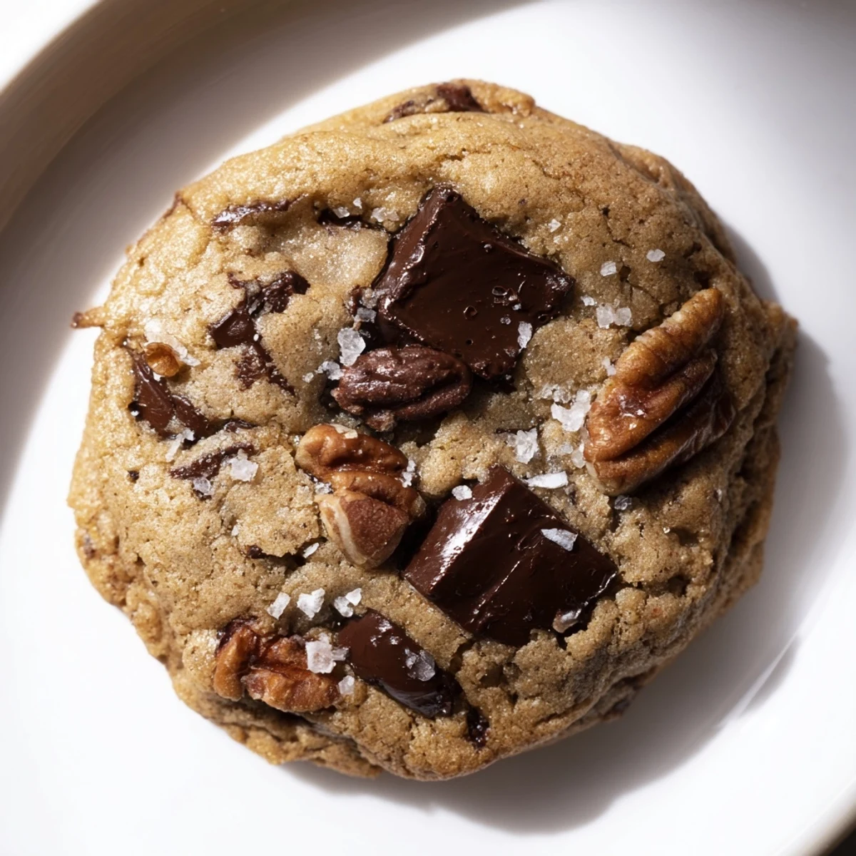 A close-up view shows melted dark chocolate and crunchy sea salt flakes on these Chocolate Chip Cookies with Sea Salt Flakes.