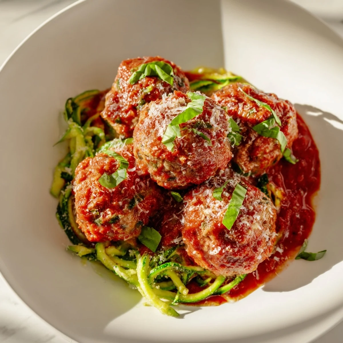 Golden-brown turkey meatballs rest on a bed of green zucchini noodles, all covered in a rich, chunky homemade marinara sauce.