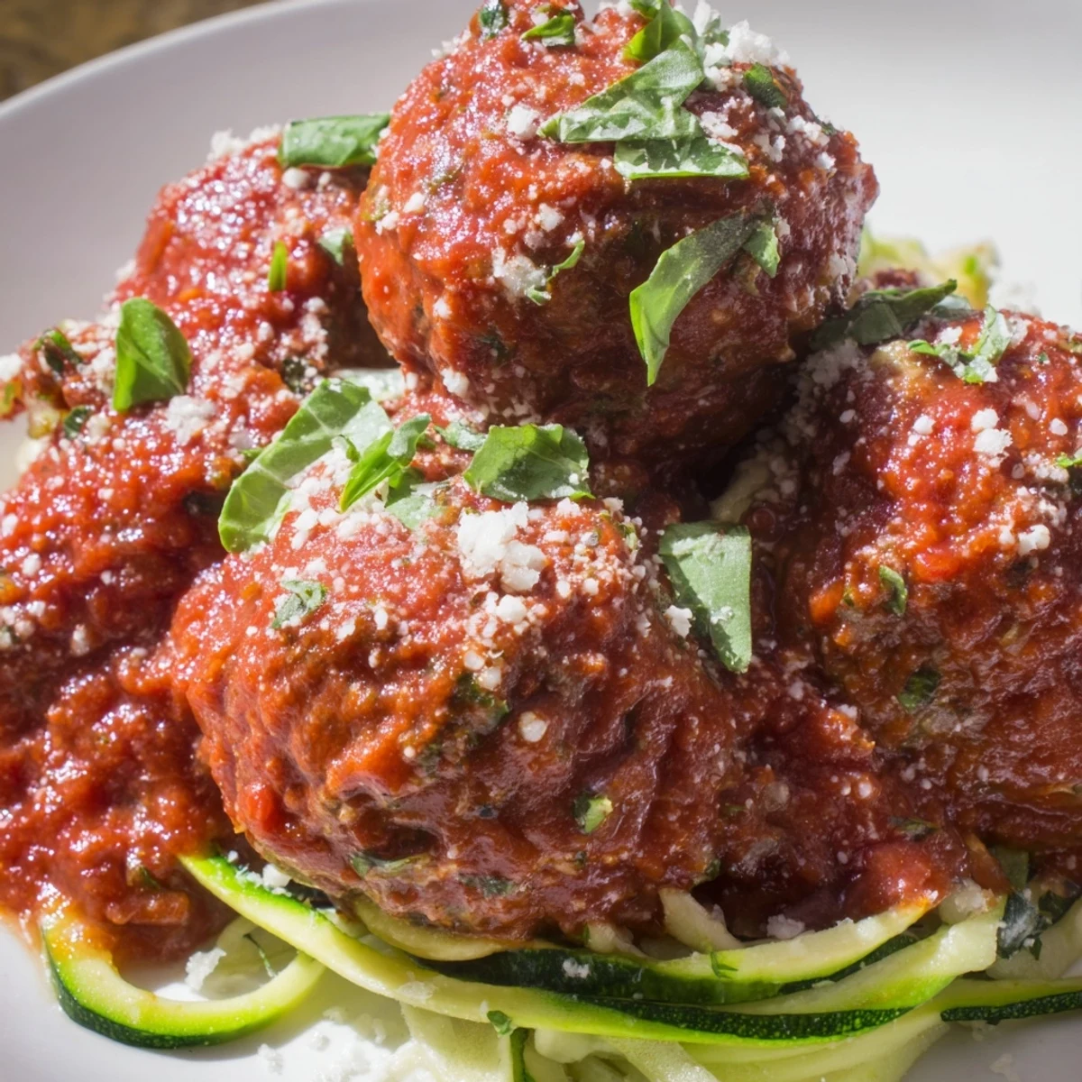 Freshly spiralized zucchini noodles are topped with herb-infused turkey meatballs and a generous ladle of warm marinara sauce.
