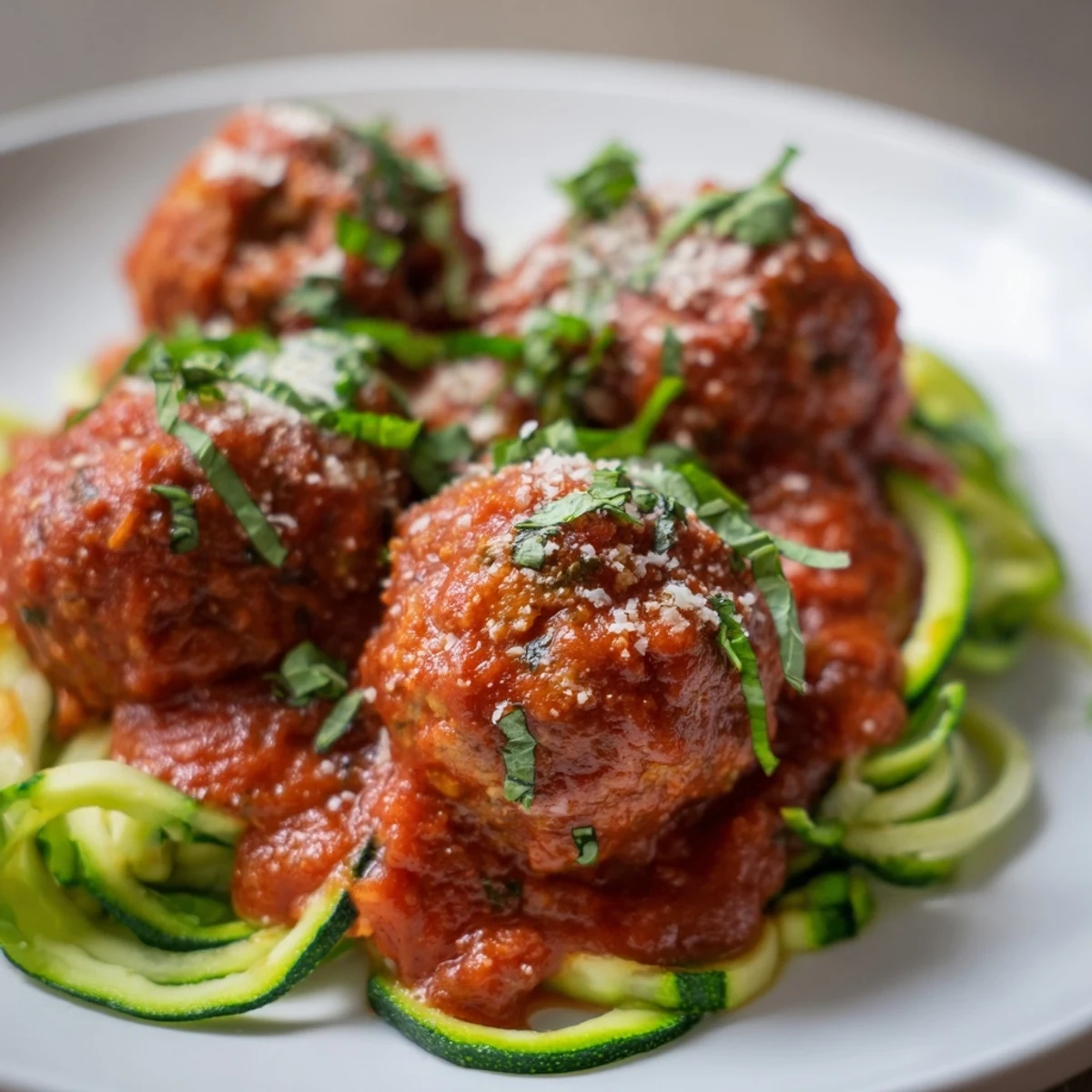 A white bowl holds tender zucchini noodles, savory turkey meatballs, and a vibrant red marinara sauce, garnished with fresh basil.
