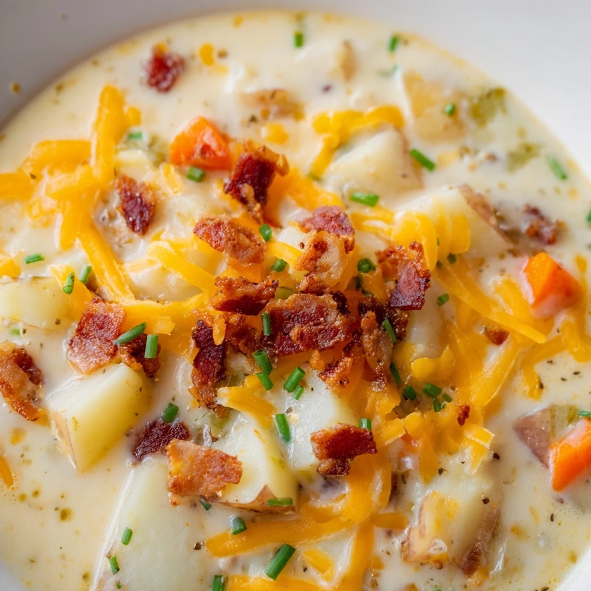 Creamy Potato Soup with Cheese and Beef Bacon steams in a rustic bowl, topped with extra cheddar and fresh chives for a cozy meal.