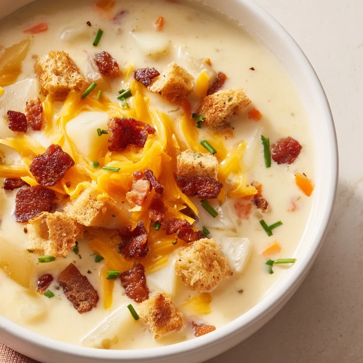 Sizzling beef bacon and melted cheddar garnish a bowl of Creamy Potato Soup with Cheese and Beef Bacon beside crusty bread.
