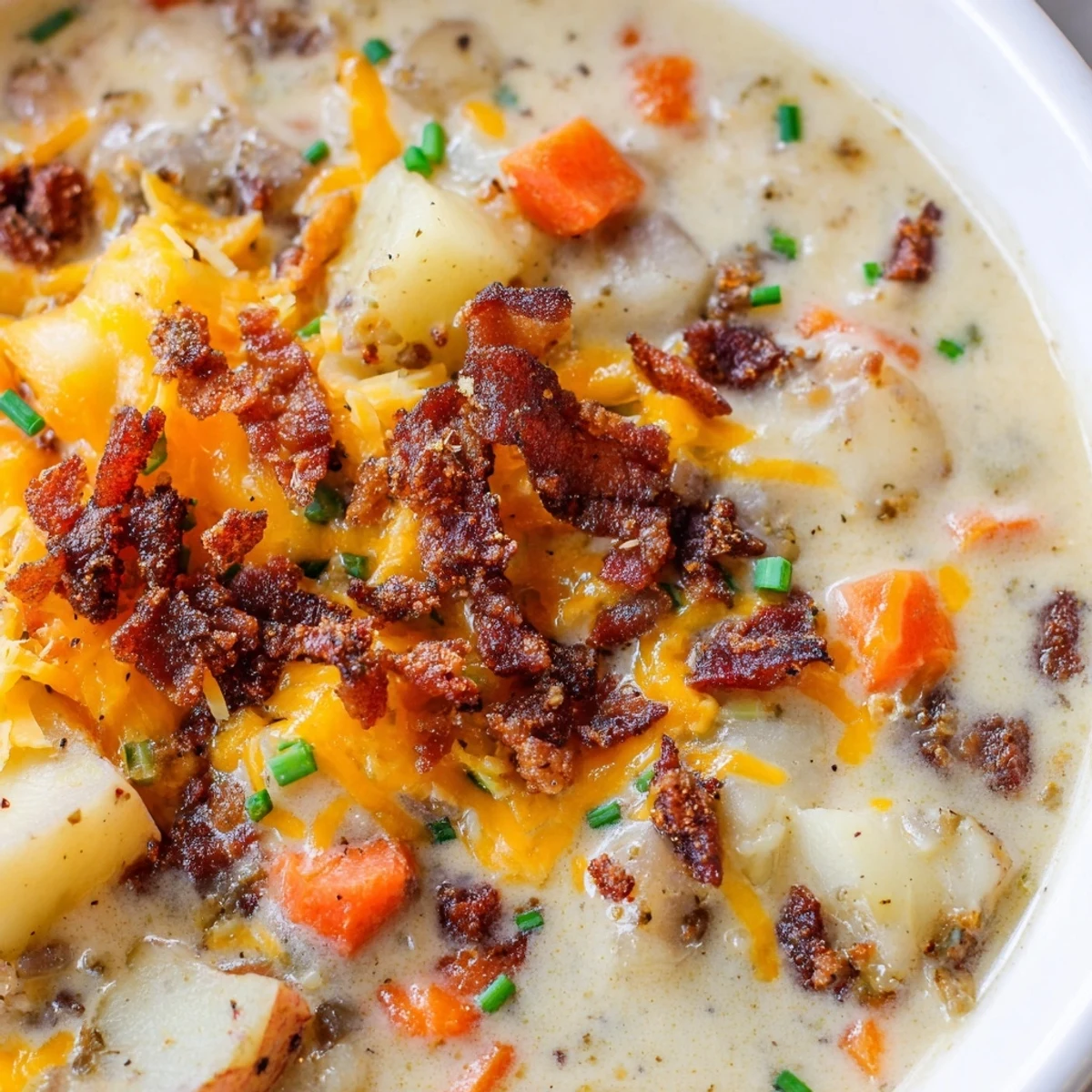 A ladle lifts creamy Potato Soup with Cheese and Beef Bacon, revealing tender potato chunks and crispy bacon bits in a rich broth.