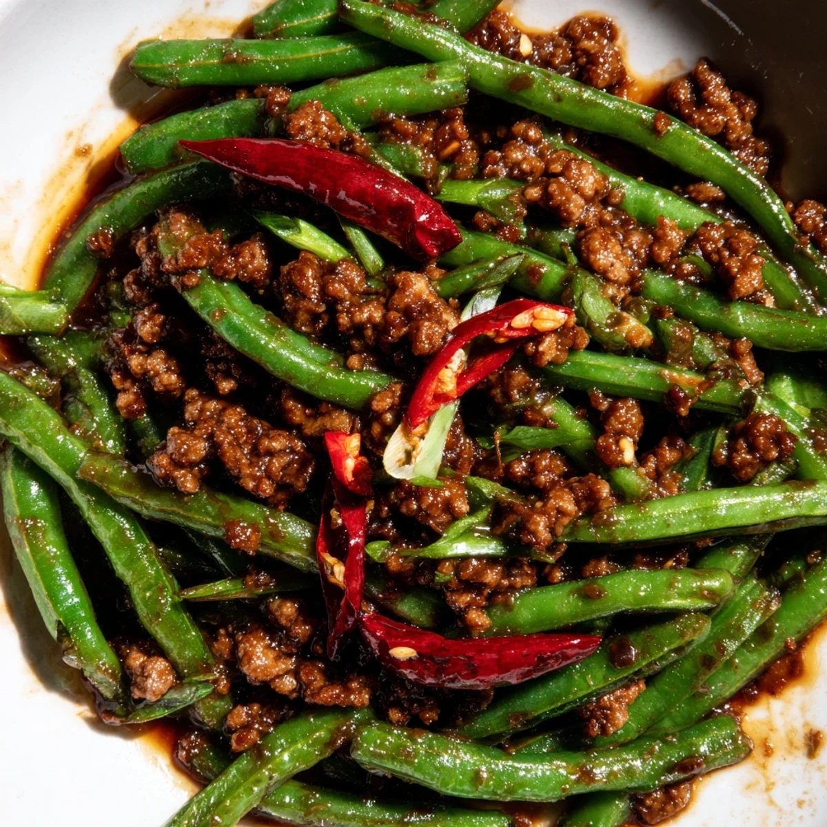 Close-up of Spicy Szechuan Green Beans with minced beef, chilies, and sesame seeds in a wok.
