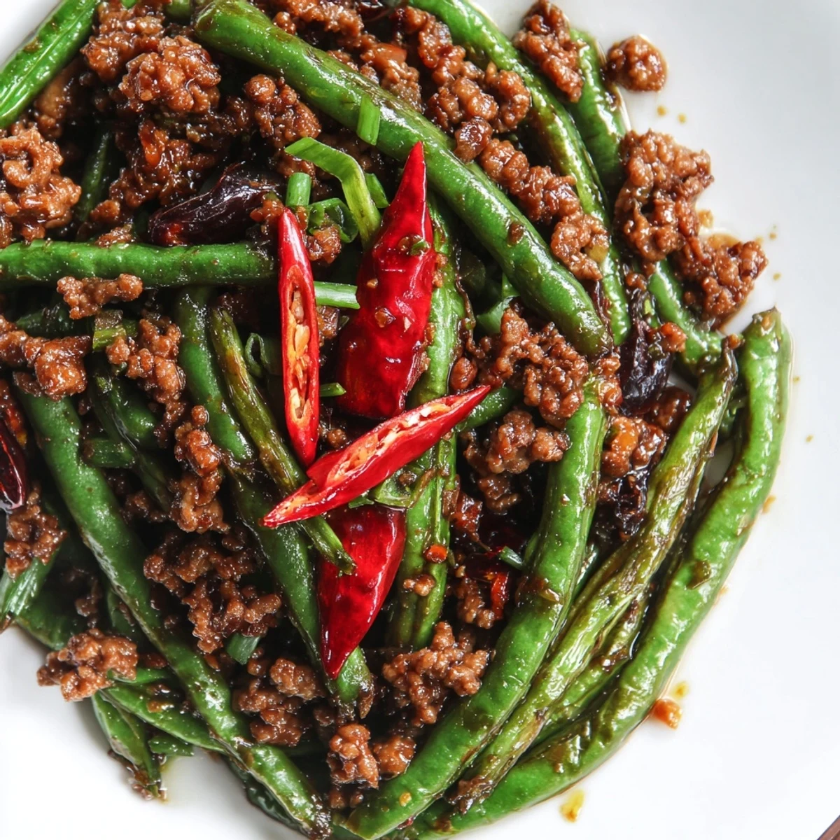 Steaming plate of Spicy Szechuan Green Beans with Minced Beef served over jasmine rice.