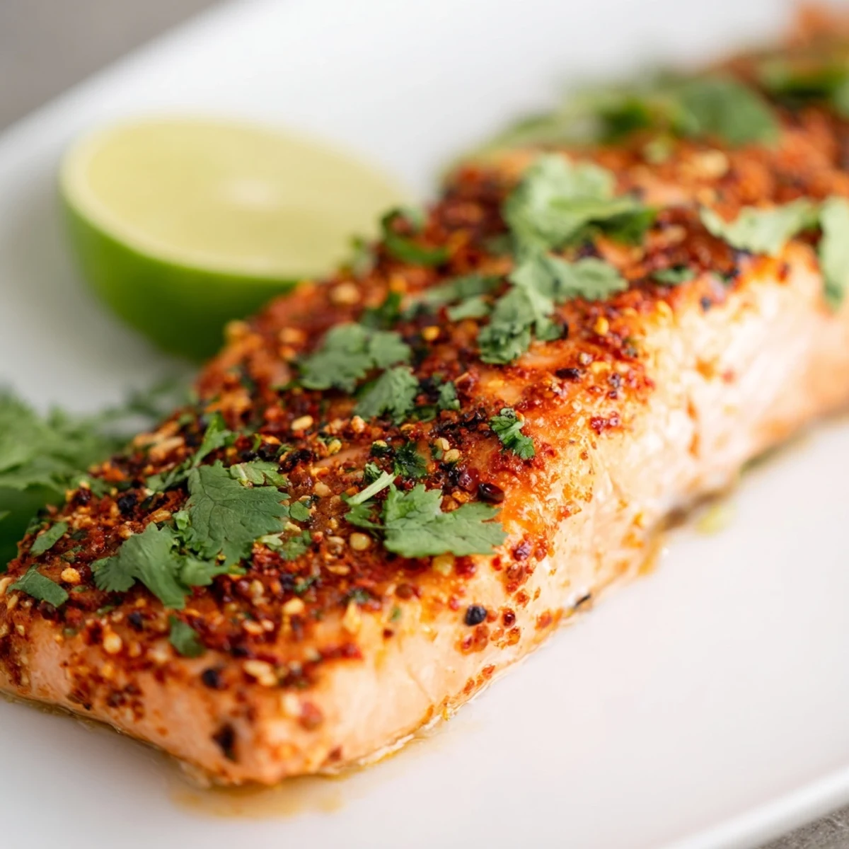 Oven-baked salmon fillets glazed with Cajun seasoning and fresh lime juice, garnished with cilantro.