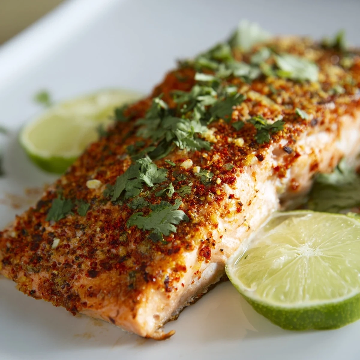 Cajun-spiced salmon fillets ready to serve, paired with lime slices and fresh herbs on a plate.