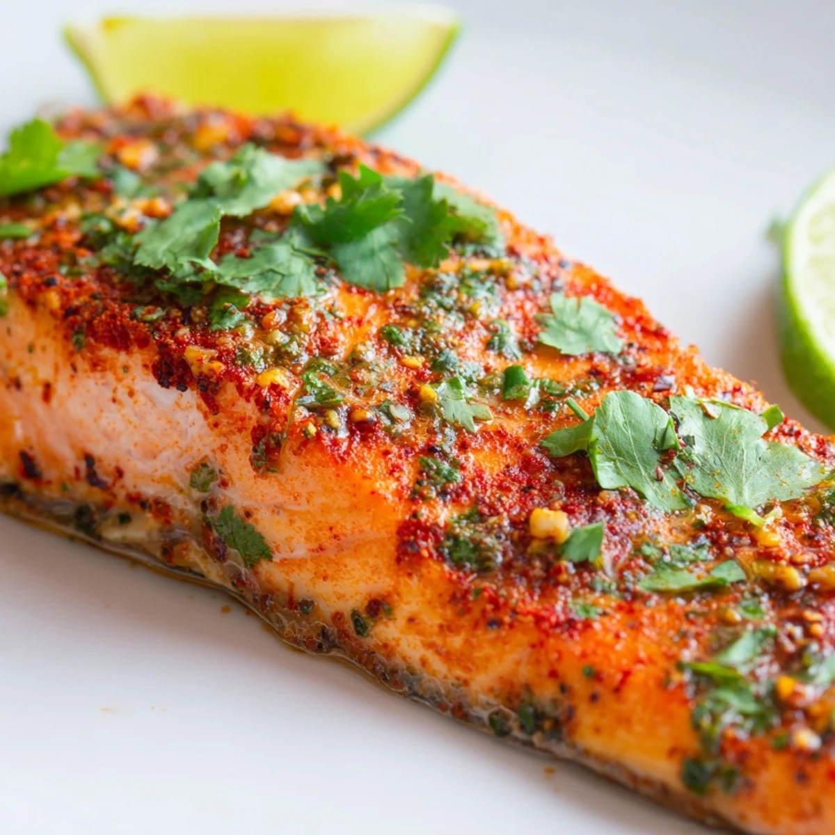 Freshly baked salmon with Cajun spice and lime, flaky and tender, served on a white platter.