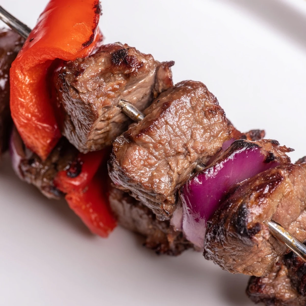 Juicy marinated Beef Kebabs with Bell Peppers and Red Onion sizzling on a backyard grill with char marks.