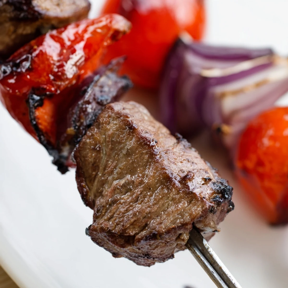 Colorful Beef Kebabs with Bell Peppers and Red Onion served hot over fluffy rice with lemon wedges.