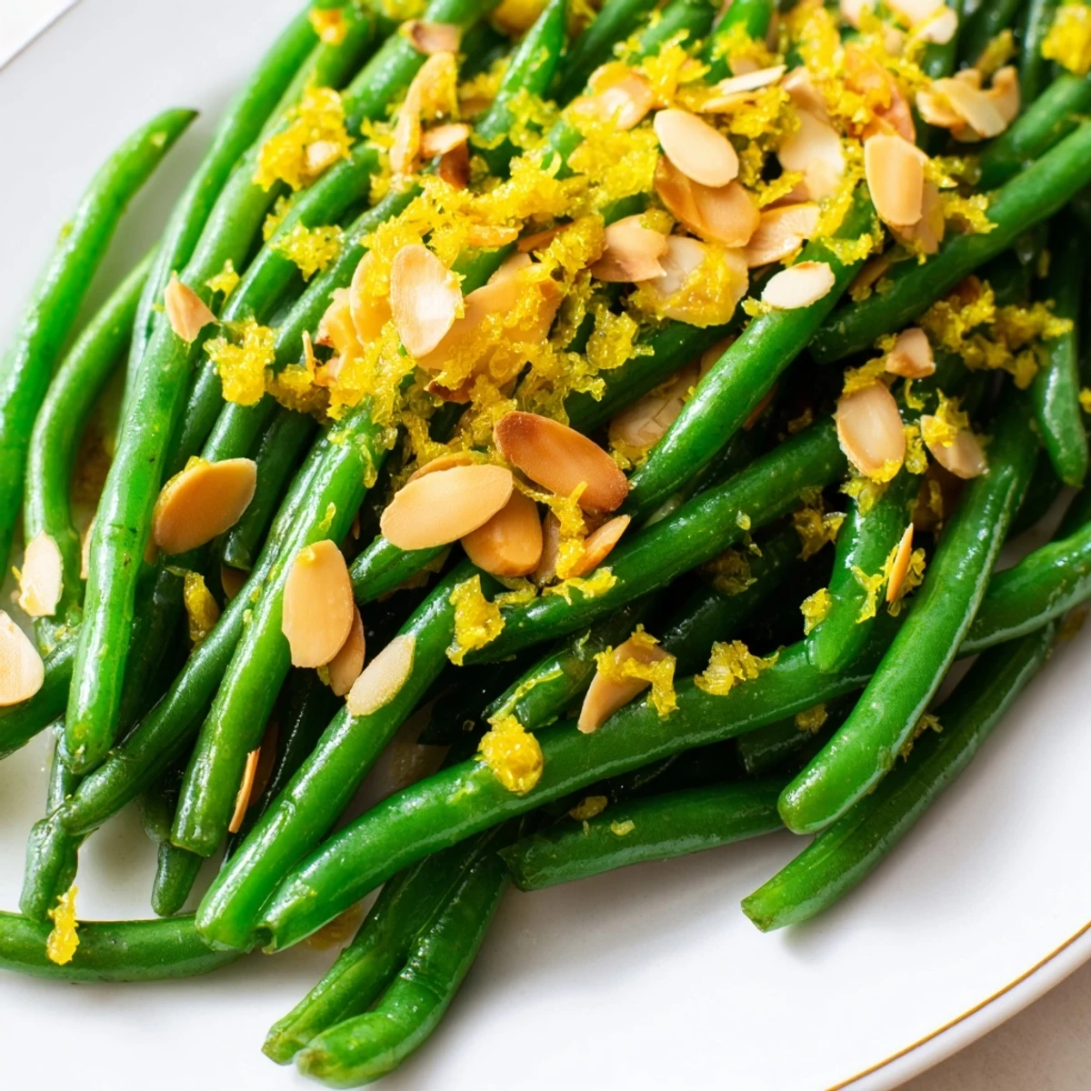 Lemon Garlic Green Beans with Toasted Almonds, a crisp and vibrant vegetarian side dish.