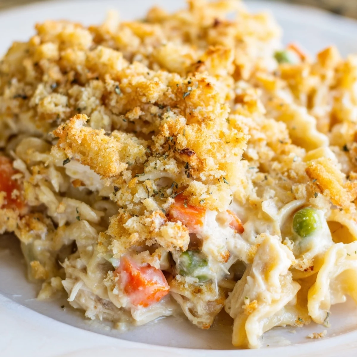 Golden brown Chicken Noodle Casserole with Cracker Crumble bubbling in a white dish, steam rising from the savory top.