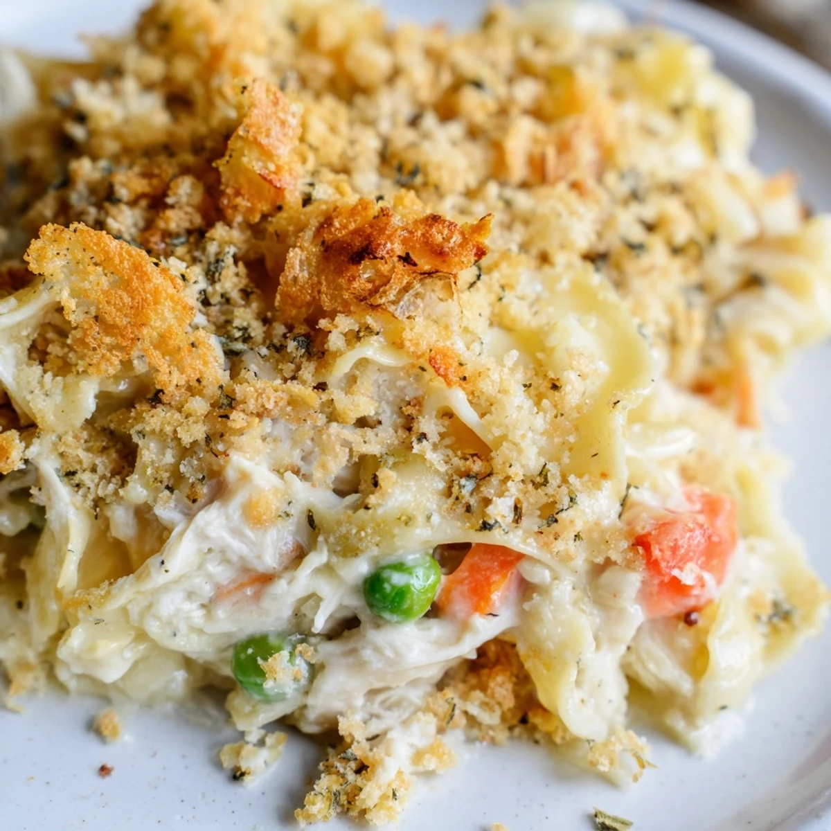 Freshly baked Chicken Noodle Casserole with Cracker Crumble garnished with parsley, served alongside a crisp green salad for dinner.