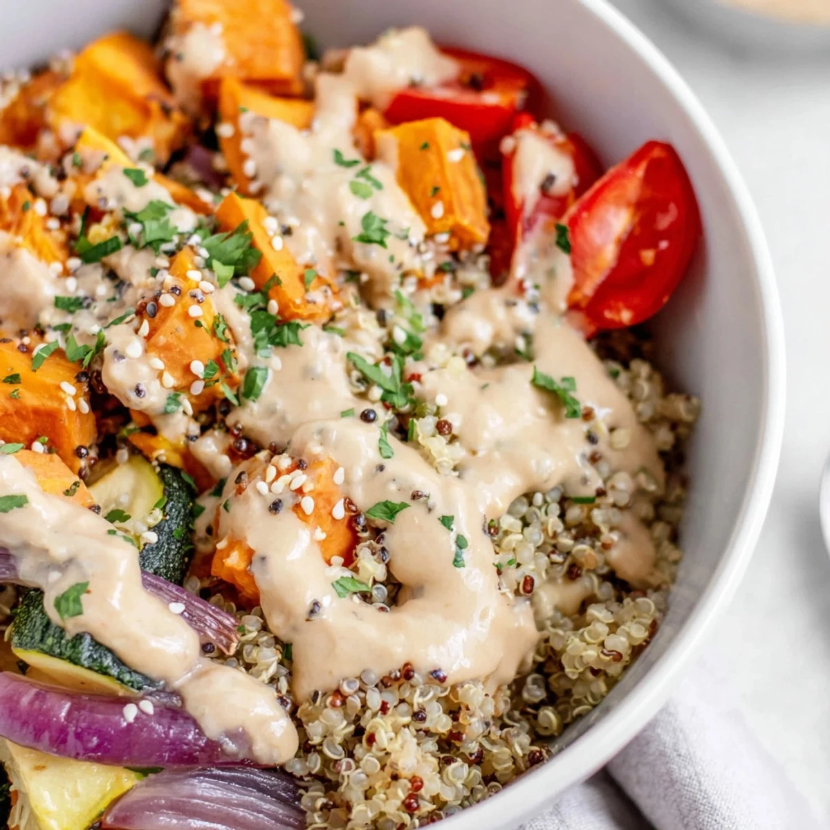 A vibrant Roasted Vegetable Quinoa Bowl with tahini dressing and toasted sesame seeds, ready to serve.
