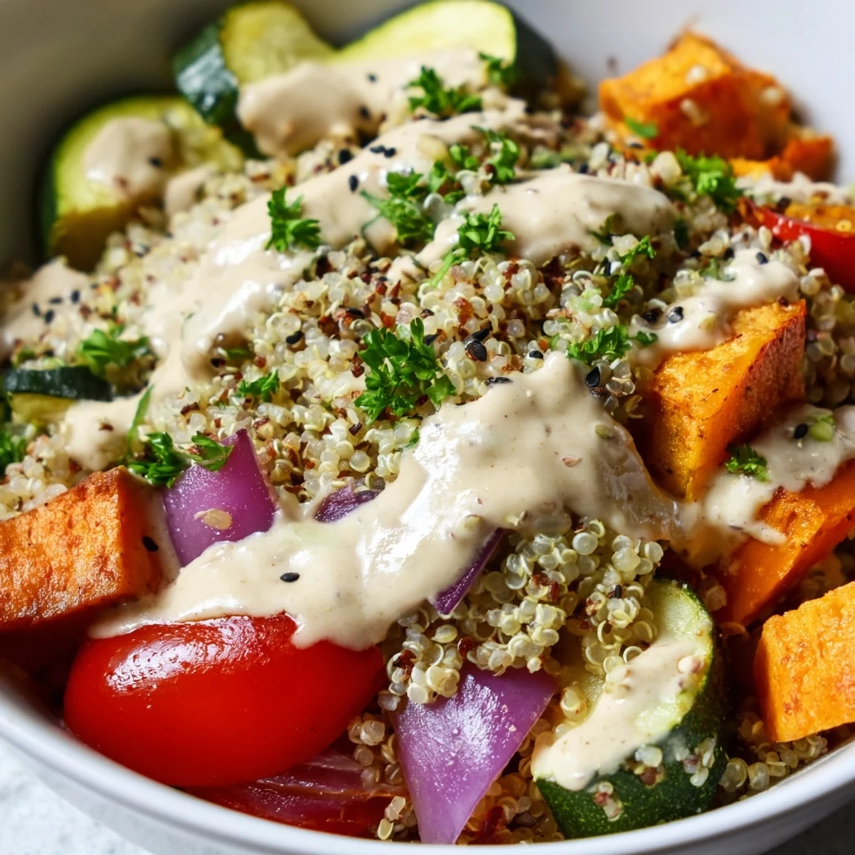 A close-up of a Roasted Vegetable Quinoa Bowl drizzled with creamy tahini and fresh parsley garnish.
