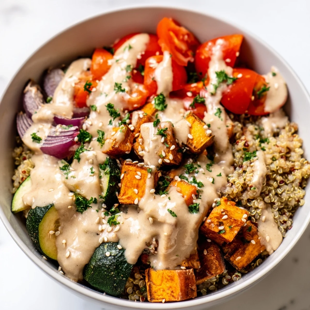 Tender sweet potato, zucchini, and cherry tomatoes top this Roasted Vegetable Quinoa Bowl for a wholesome meal.