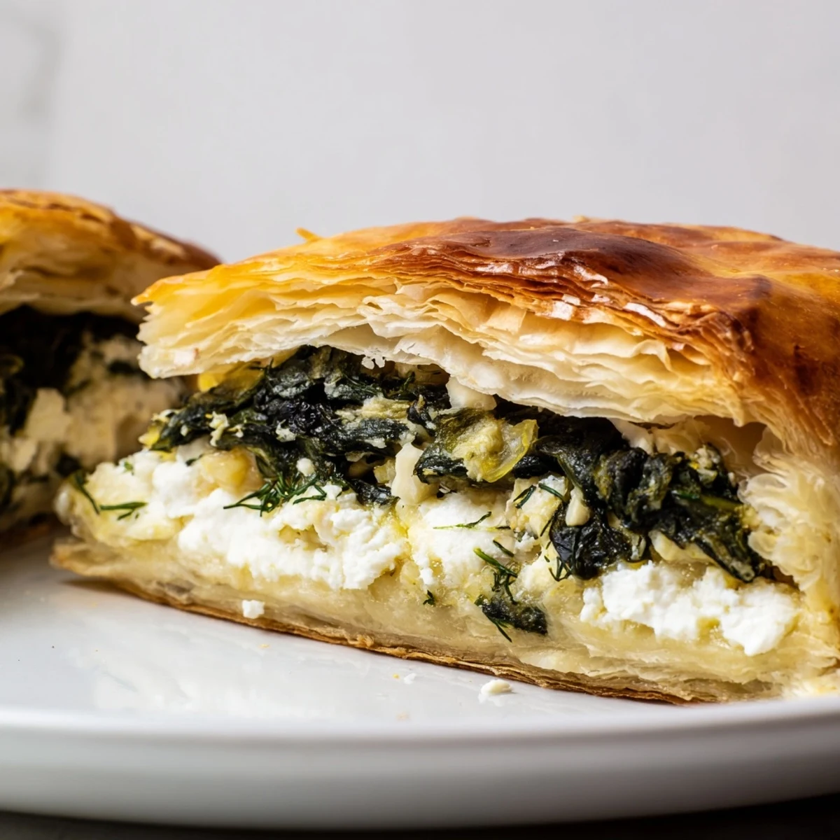 Freshly baked Savory Spinach and Feta Puff Pastry parcels sit golden-brown and flaky on a white ceramic plate. 