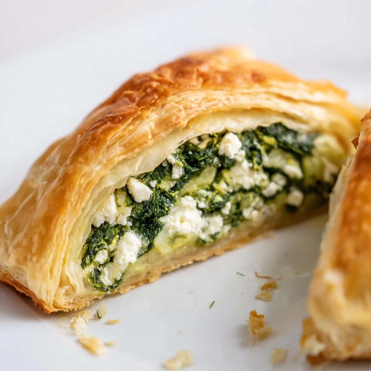 Savory Spinach and Feta Puff Pastry with visible herbs and melted cheese, ready to serve warm from the oven.