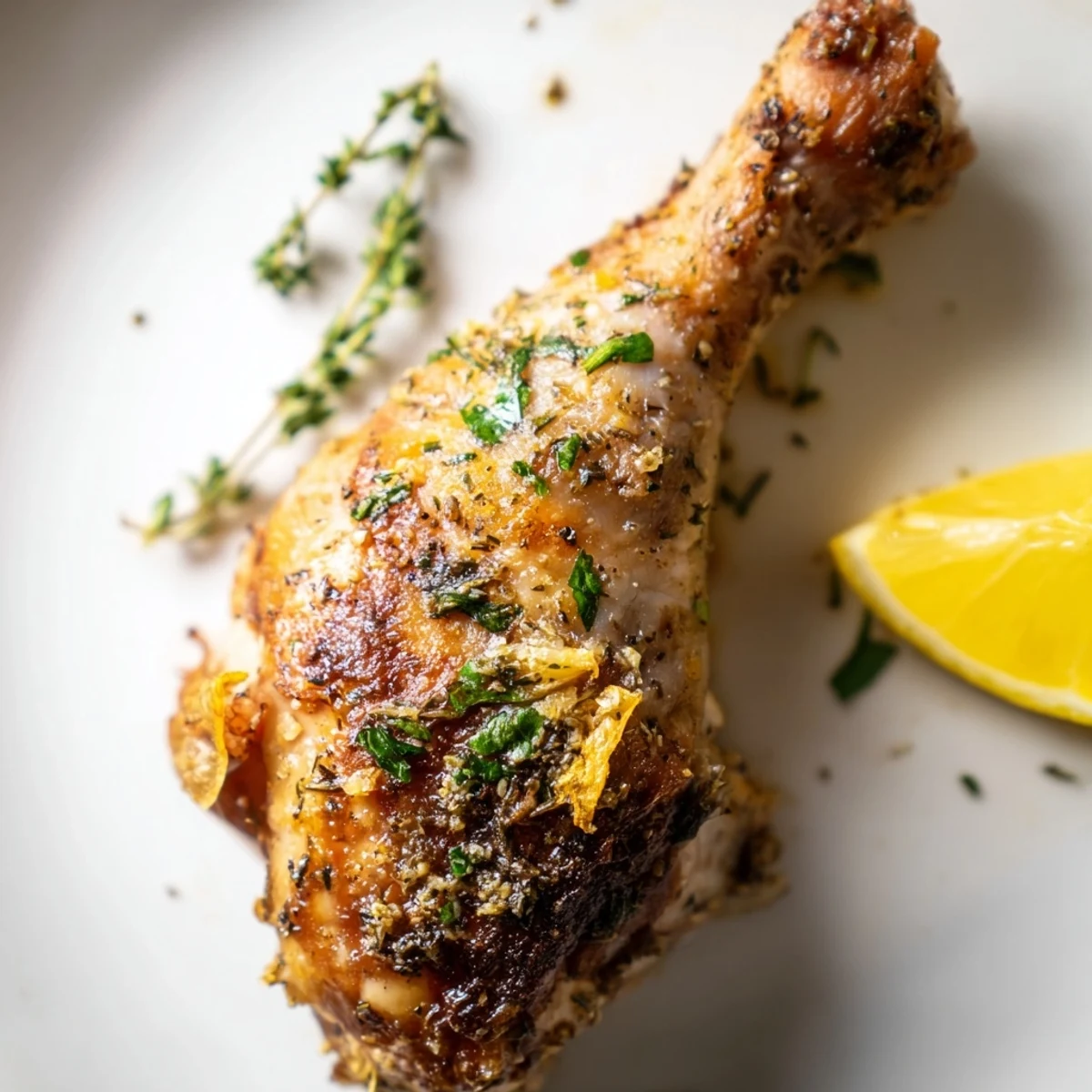 Golden-brown Lemon Garlic Roasted Chicken Legs resting on a baking sheet with fresh herbs and lemon wedges.