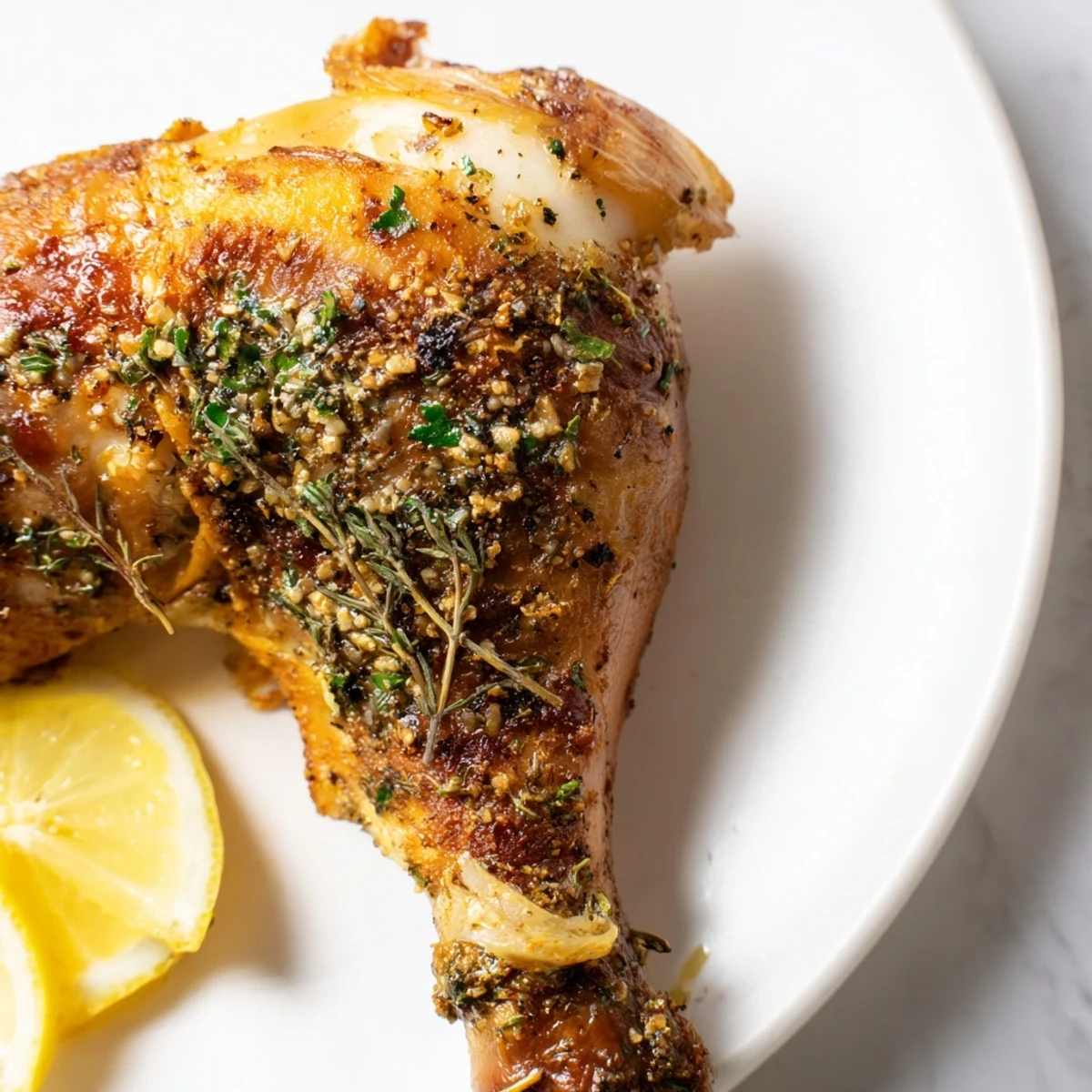 Succulent Lemon Garlic Roasted Chicken Legs served alongside roasted potatoes and a green salad on a rustic plate.