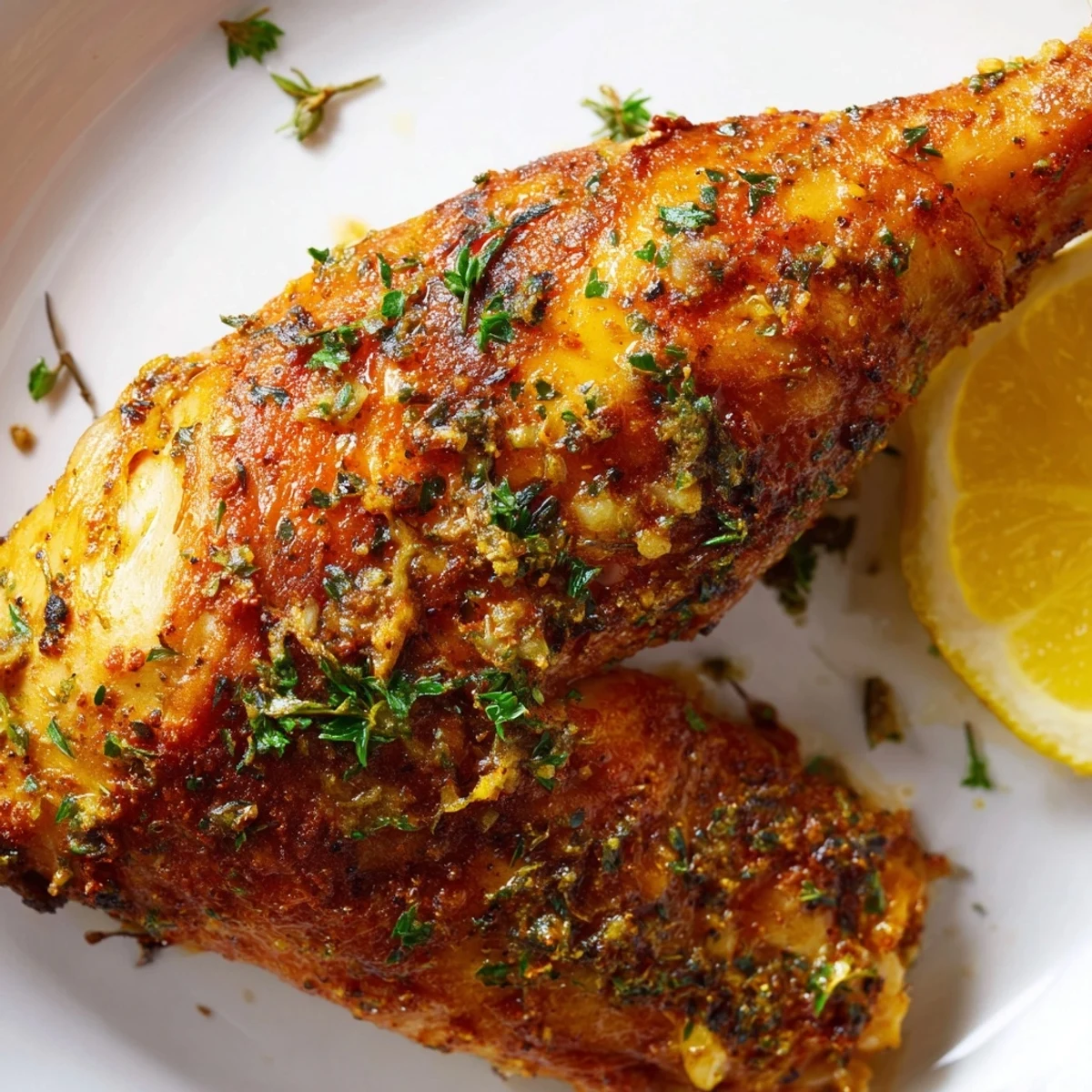 Close-up of crispy skinned Lemon Garlic Roasted Chicken Legs brushed with a savory lemon and garlic marinade.