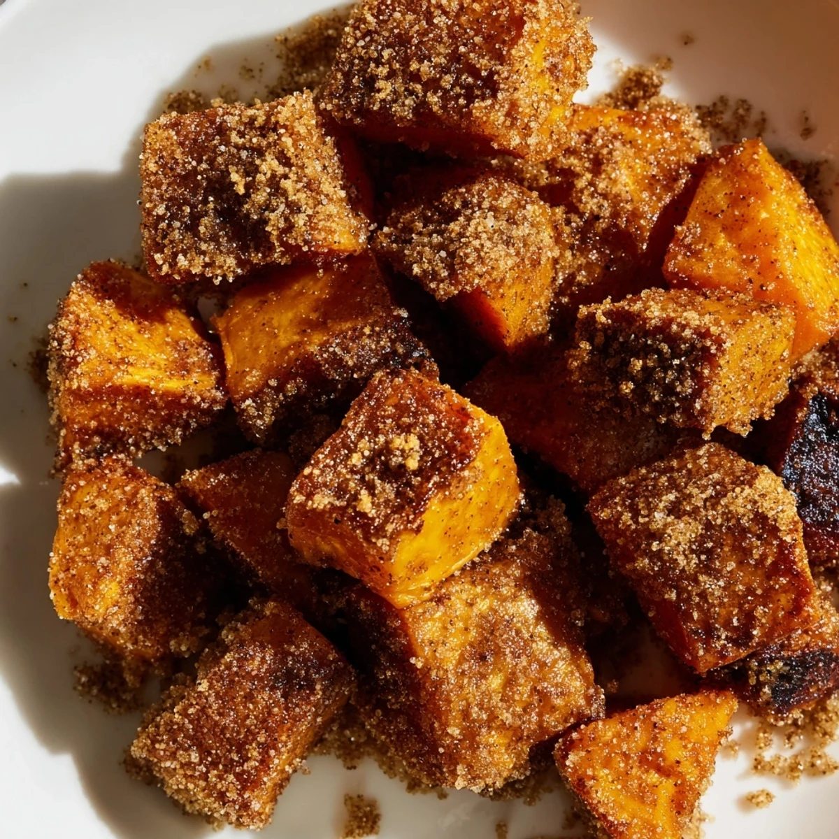 Golden brown roasted sweet potato cubes glistening with cinnamon sugar on a white plate for a simple side dish.