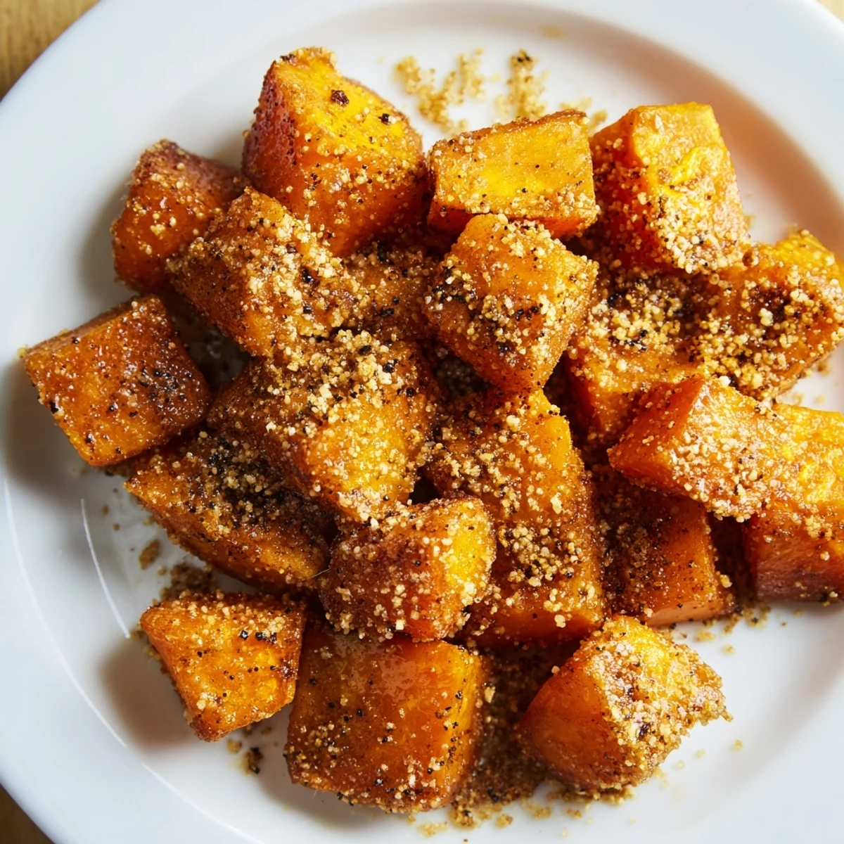 Caramelized roasted sweet potatoes with cinnamon sugar on a rustic wooden table, paired with roasted chicken for a meal.