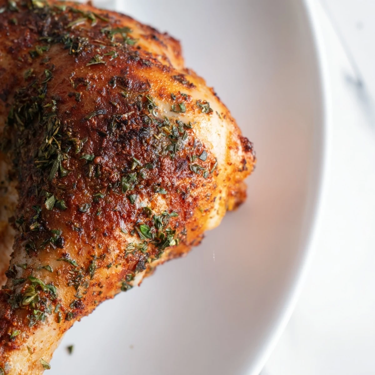 A close-up of Herb Roasted Turkey Drumsticks shows tender, juicy meat pulling away from the bone with herbs and garlic.