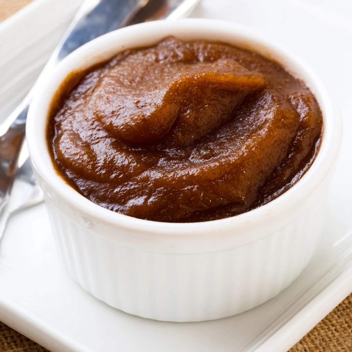 Smooth, glossy Spiced Apple Butter with Cloves is simmered to deep brown perfection in a stainless steel pot.