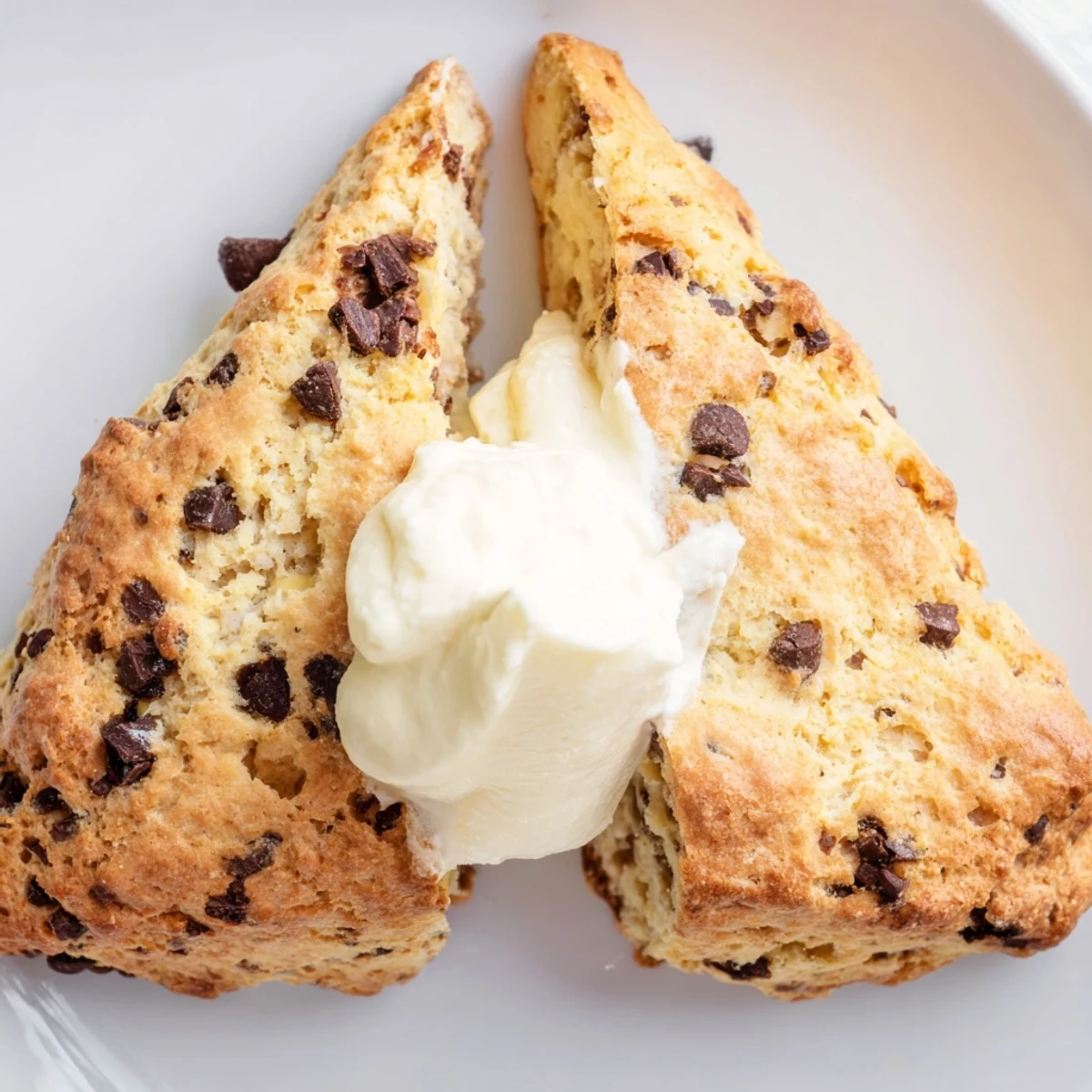 Freshly sliced Chocolate Chip Scones with Clotted Cream show rich chocolate chips in golden pastry.