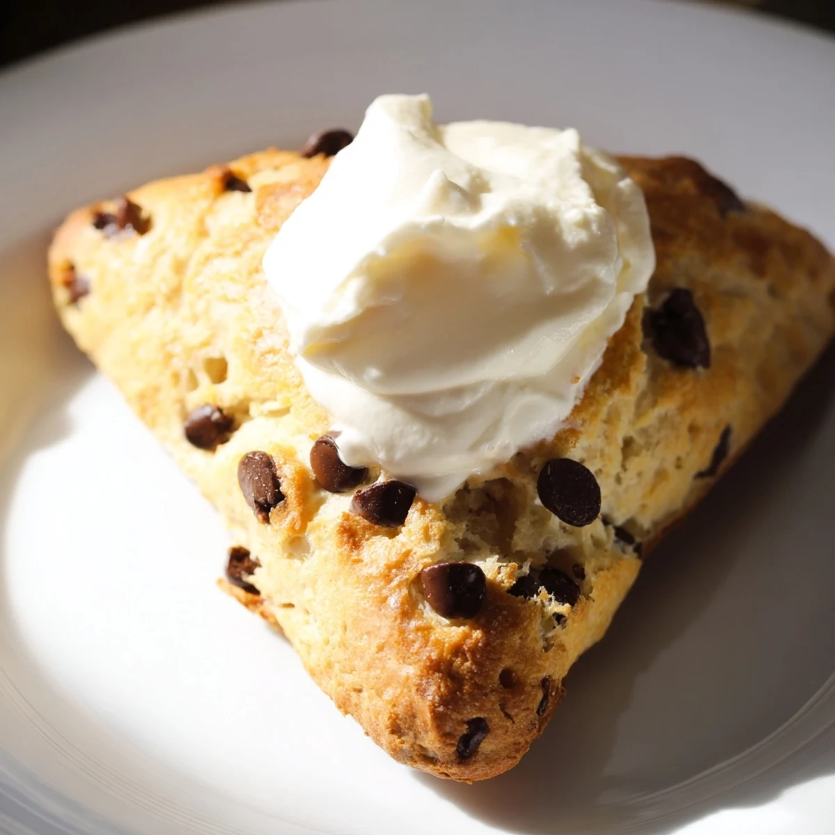 Warmly baked Chocolate Chip Scones with Clotted Cream are plated next to a steaming cup of tea.