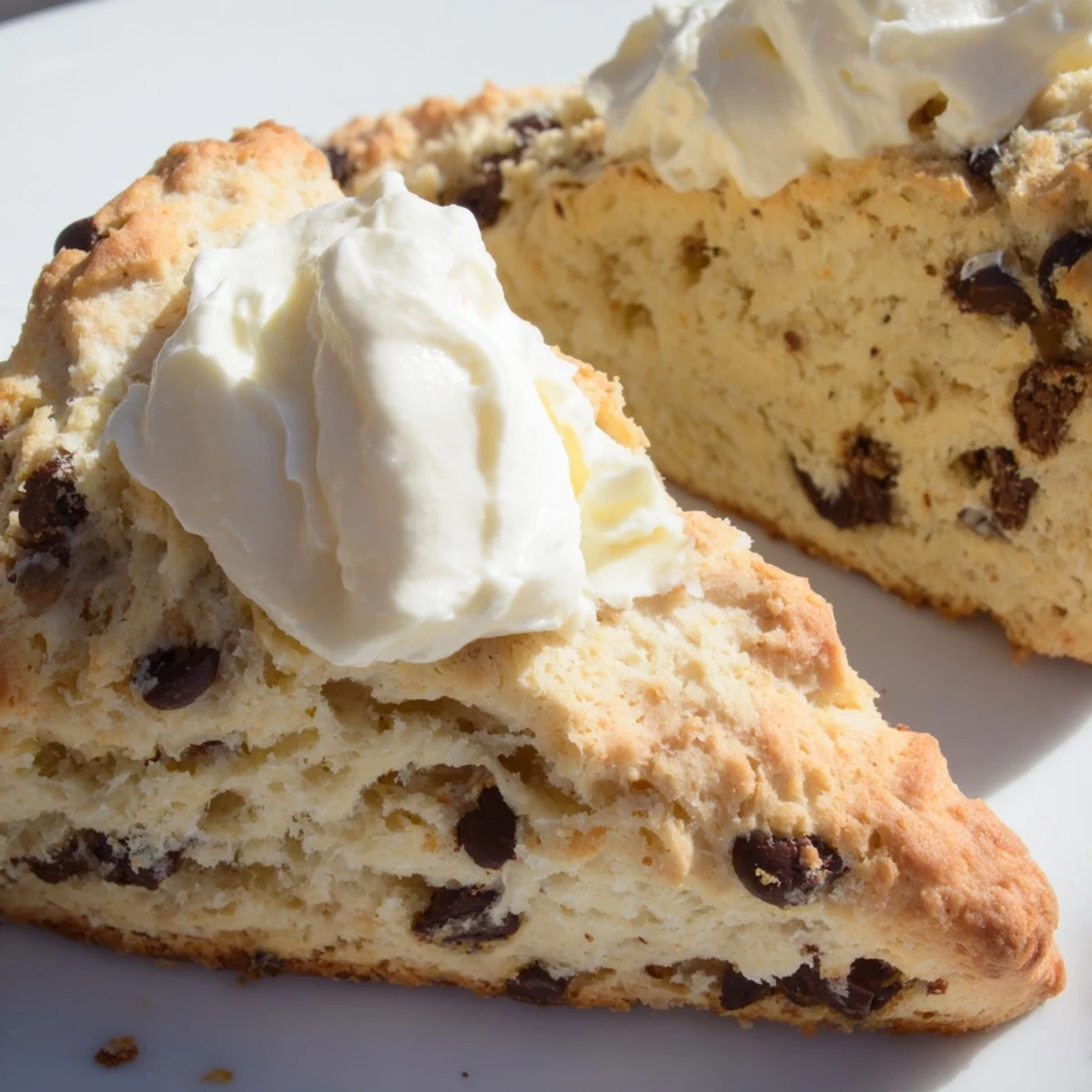 Golden-brown Chocolate Chip Scones with Clotted Cream served on a rustic table with a butter knife.