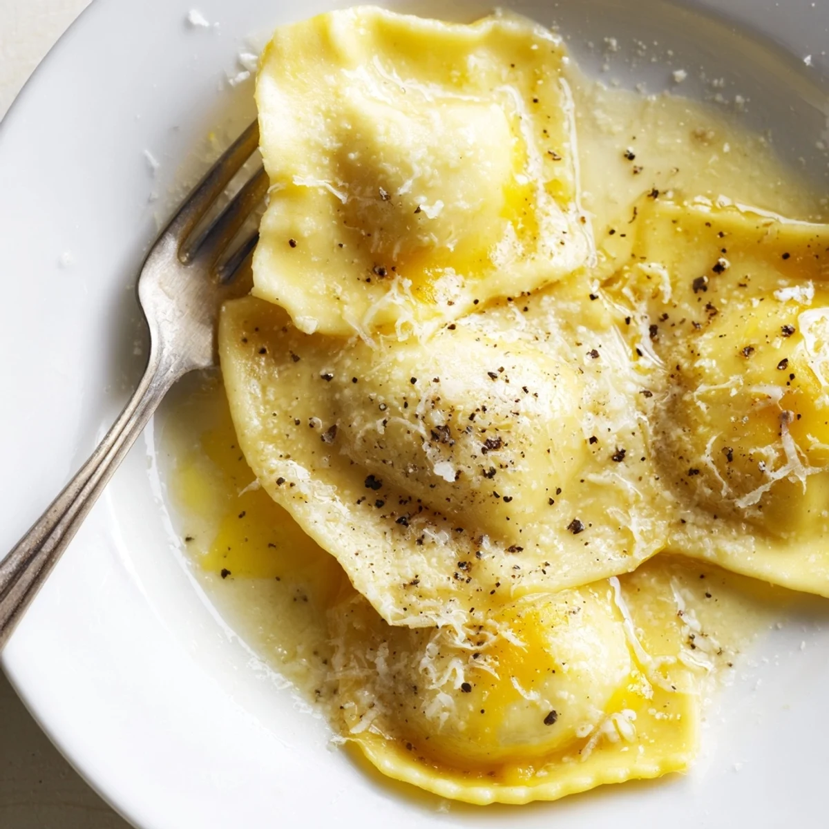 Homemade Butternut Squash Ravioli with Sage Butter sits next to fresh sage leaves and a glass of white wine on a rustic table.