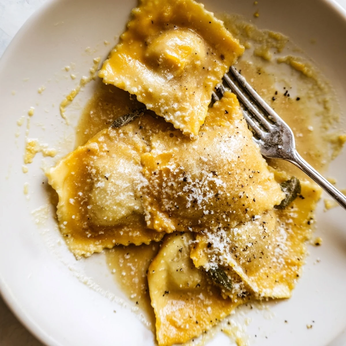 Golden brown sage butter sauce is drizzled over plump Butternut Squash Ravioli, garnished with freshly grated Parmesan and cracked black pepper.