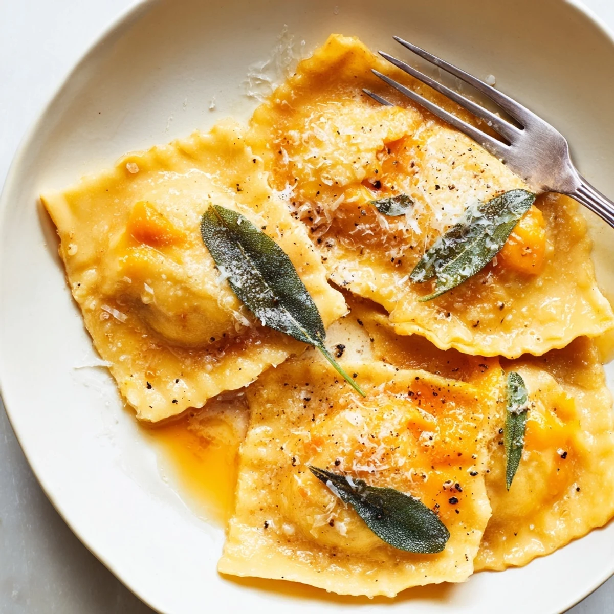 A close-up of a fork lifting a bite of Butternut Squash Ravioli, revealing the vibrant orange filling against the sage butter sauce.