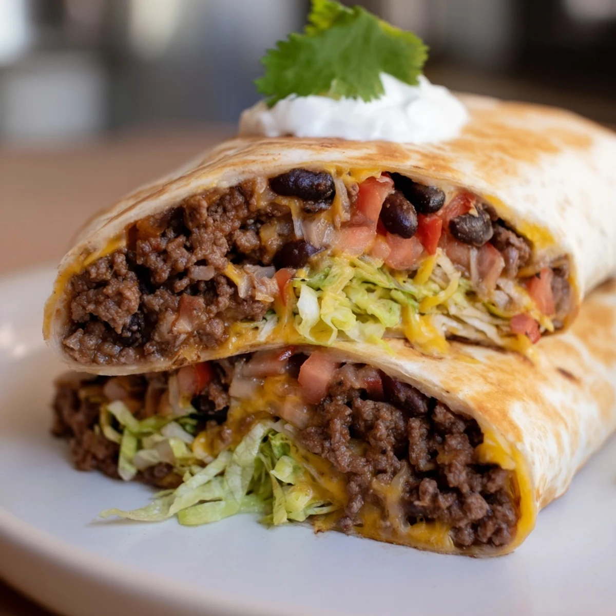 Warm flour tortilla stuffed with seasoned ground beef, creamy black beans, melty cheddar, and fresh salsa. 