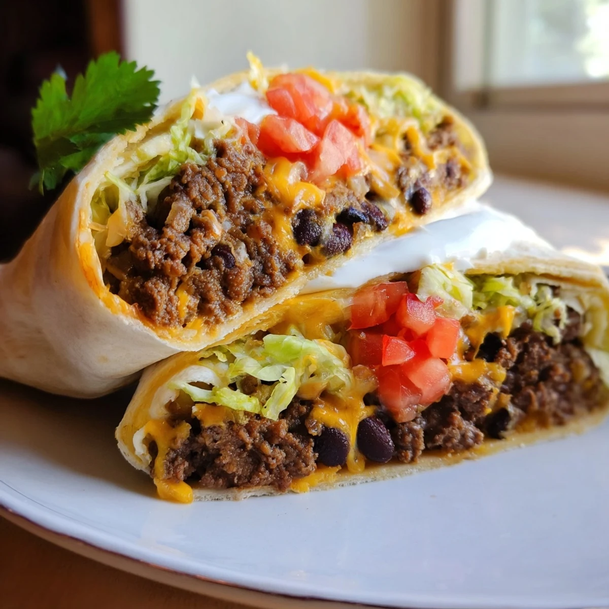 Hearty beef and bean burritos topped with shredded lettuce, diced tomato, and a dollop of sour cream. 