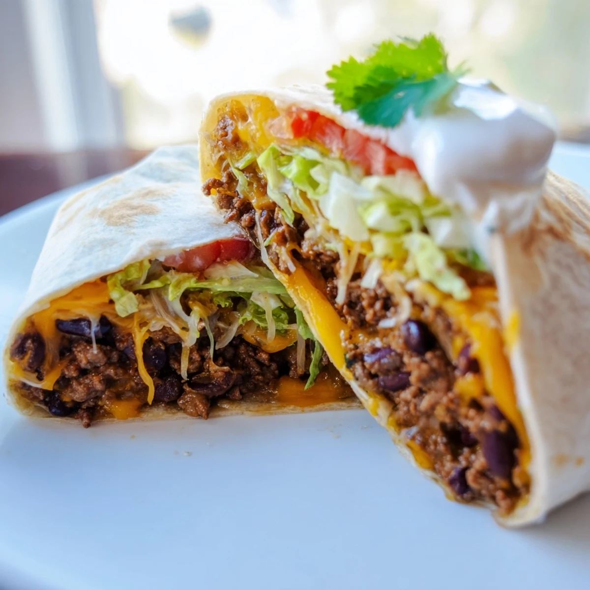 Golden toasted beef and bean burritos served with chunky salsa and cool sour cream on the side.